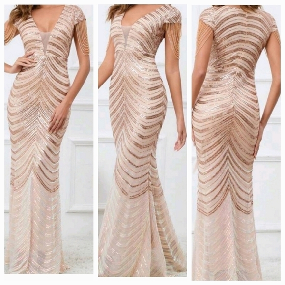 Gold, Chevron Print, Sequined Mermaid Gown,  Custom Handmade - Picture 2 of 16